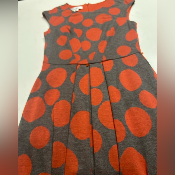 Maggy London Sleeveless Polka Dot Orange and Gray Midi Dress - Picture 9 of 14